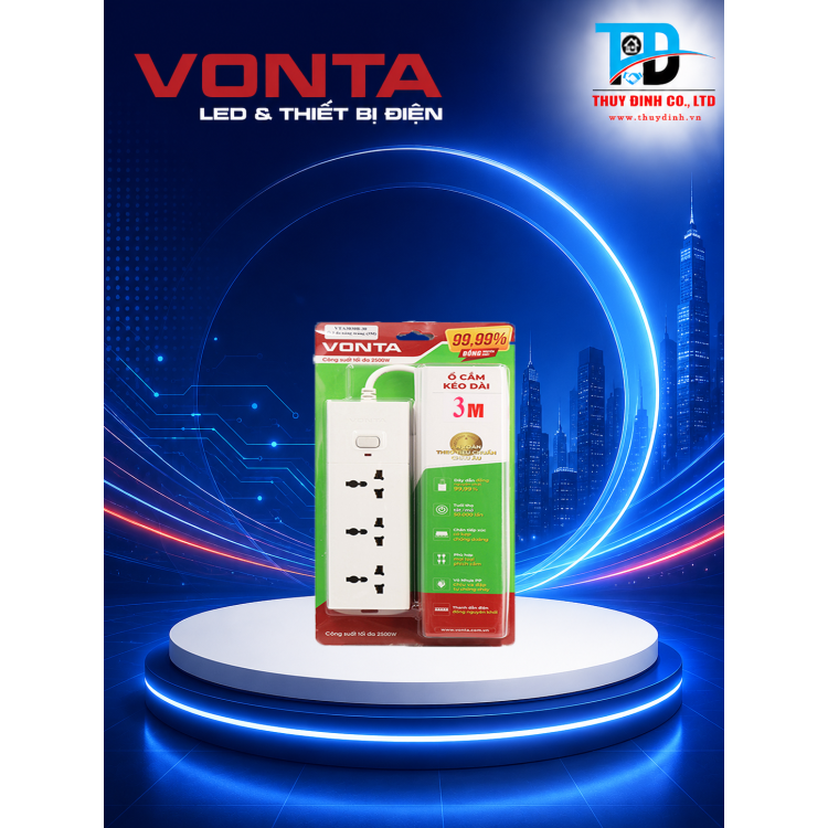 Ổ cắm kéo dài ba ổ đa năng, màu trắng 3m - VTA3030B-30 - VONTA