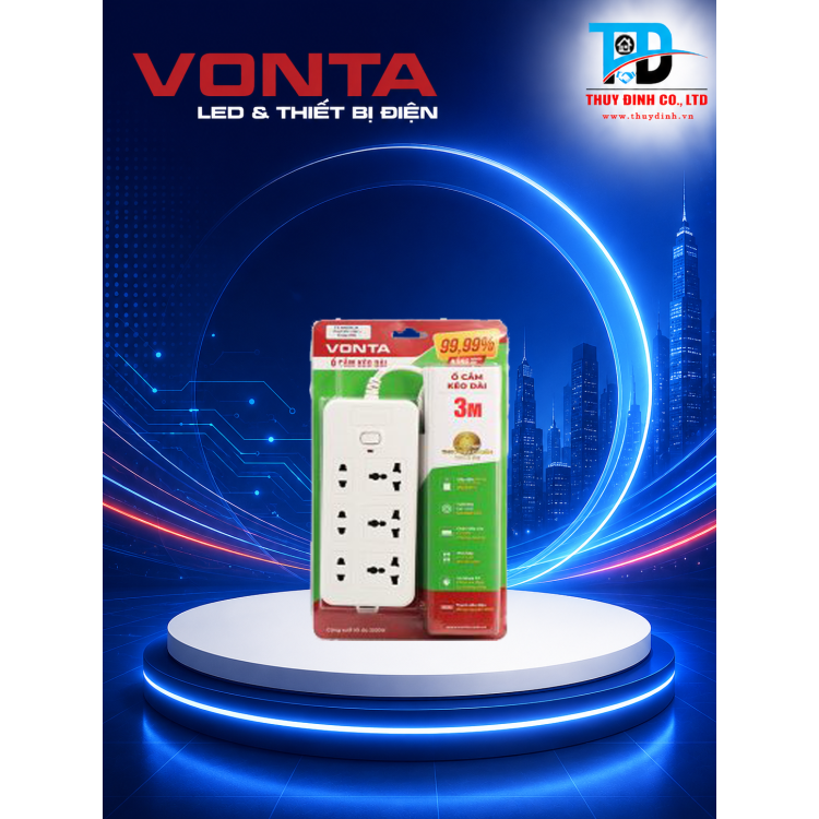 Ổ cắm kéo dài 6 ổ cắm (3 đa năng + 3 hai chấu), màu trắng 3m - VTA6033B-30 - VONTA
