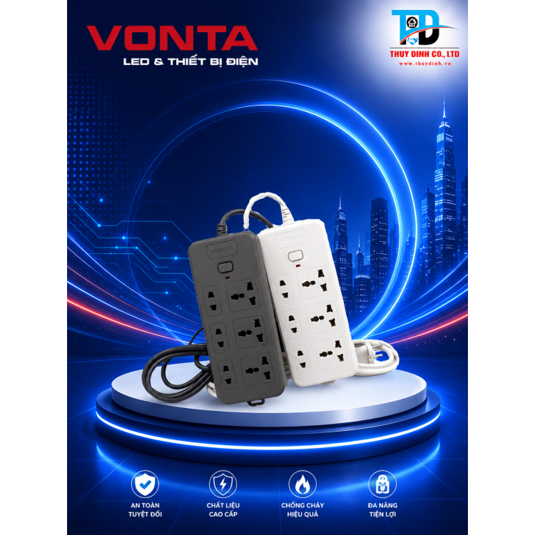 Ổ cắm kéo dài 6 ổ cắm (3 đa năng + 3 hai chấu), màu trắng 3m - VTA6033B-30 - VONTA