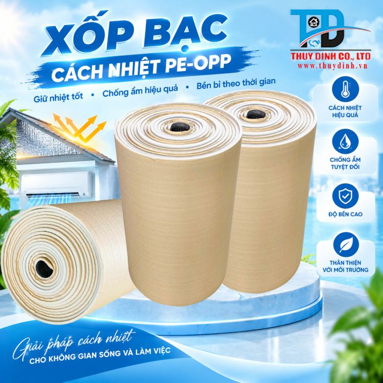 Tấm xốp bạc cách nhiệt PE-OPP (1 mặt bạc, 1 mặt keo) 3 ly  - (100m / Cuộn)
